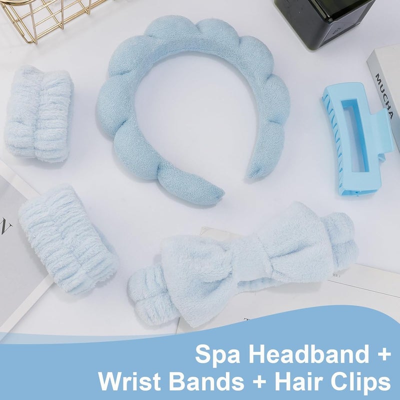 Canitor Spa Headband Wrist Bands Set with Hair Clips Skincare for Washing Face Skin Care Puffy Makeup Preppy Teen Girl Gifts Cute Trendy Stuff Hair Accessories for Women (blue) - Image 3